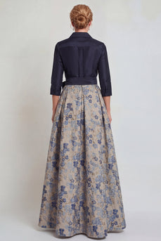 Marineblaues Jacquard 3/4 Ärmel A-Linie Langes Mutter der Braut Kleid mit Bowknoten