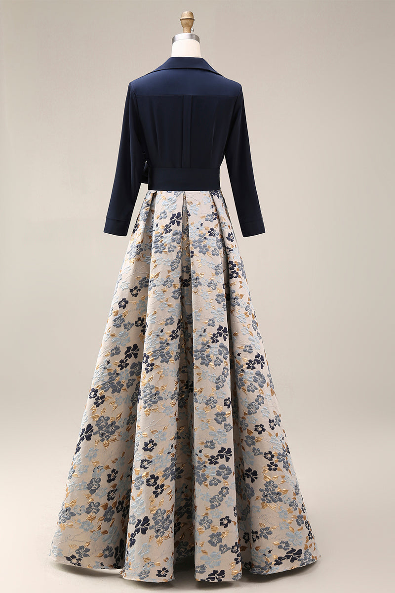 Laden Sie das Bild in den Galerie-Viewer, Marineblaues Jacquard 3/4 Ärmel A-Linie Langes Mutter der Braut Kleid mit Bowknoten