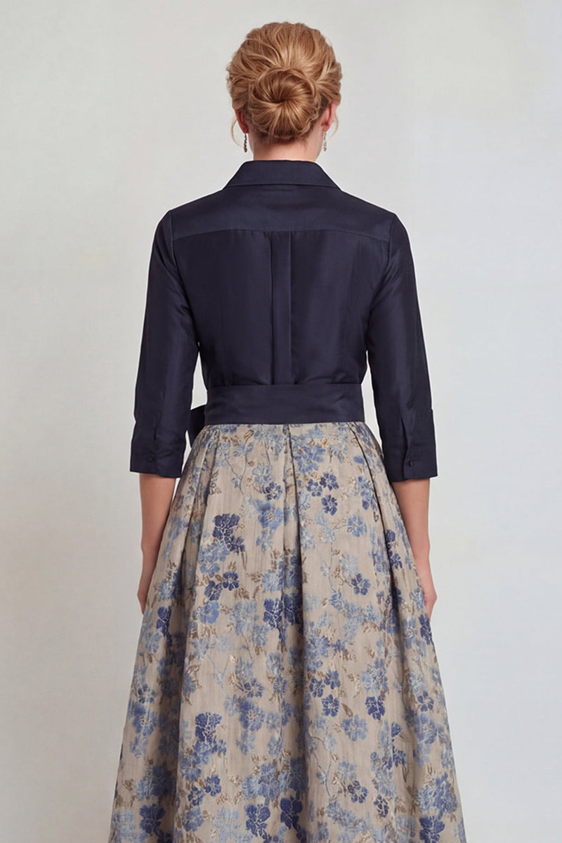 Laden Sie das Bild in den Galerie-Viewer, Marineblaues Jacquard 3/4 Ärmel A-Linie Langes Mutter der Braut Kleid mit Bowknoten