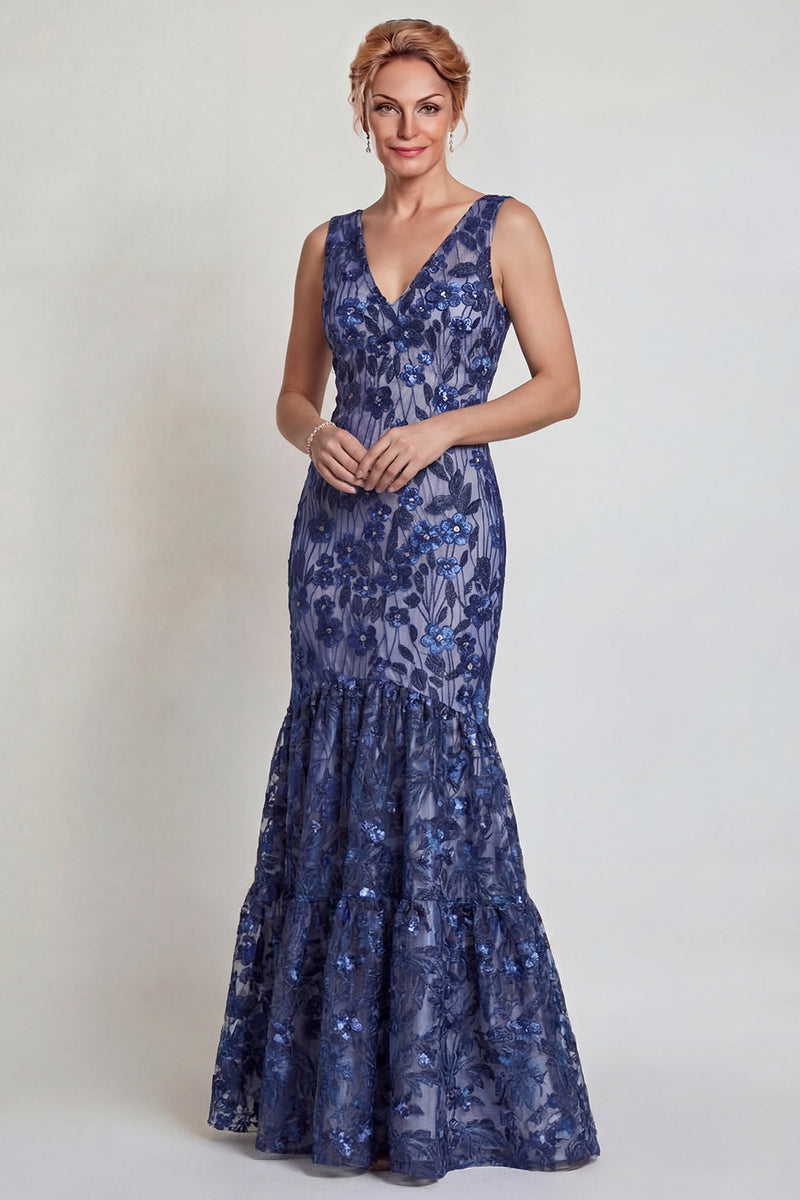 Laden Sie das Bild in den Galerie-Viewer, Dunkelblaue Blumenapplikation V-Ausschnitt Meerjungfrauen Mutter der Braut Kleid