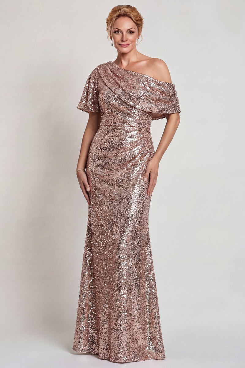 Laden Sie das Bild in den Galerie-Viewer, Glitzerndes Champagner Langes Pailletten Mutter der Braut Kleid