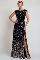 Laden Sie das Bild in den Galerie-Viewer, Glitzerndes Schwarzes Silbernes Bateau-Ausschnitt A-Linien Mutter der Braut Kleid mit Pailletten