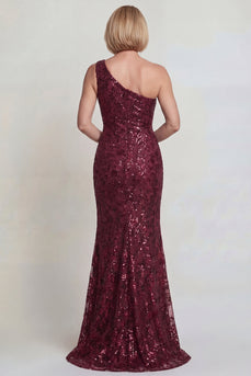 Glitzerndes Burgunderrotes Mutter der Braut Kleid mit Einschultern und Pailletten