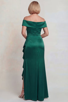 Dunkelgrünes Schulterfreies Rüschen Satin Kleid der Mutter der Braut mit Schlitz