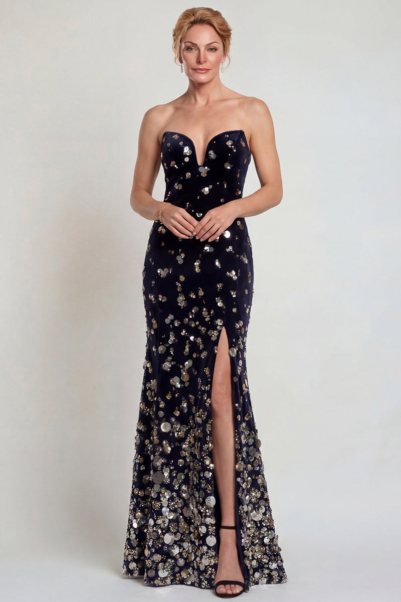 Laden Sie das Bild in den Galerie-Viewer, Glitzerndes Schwarzes Silbernes Trägerloses Meerjungfrauen Mutter der Braut Kleid mit Pailletten