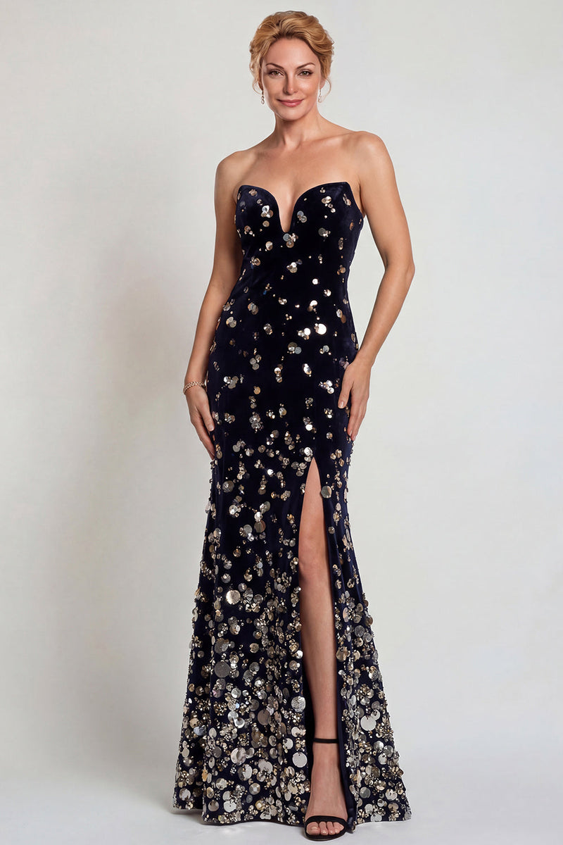 Laden Sie das Bild in den Galerie-Viewer, Glitzerndes Schwarzes Silbernes Trägerloses Meerjungfrauen Mutter der Braut Kleid mit Pailletten