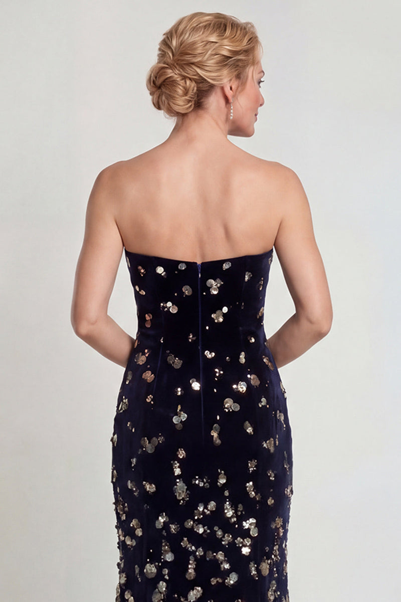 Laden Sie das Bild in den Galerie-Viewer, Glitzerndes Schwarzes Silbernes Trägerloses Meerjungfrauen Mutter der Braut Kleid mit Pailletten