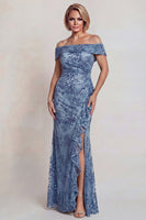 Laden Sie das Bild in den Galerie-Viewer, Graublaues Pailletten Schulterfreies Mutter der Braut Kleid mit Rüschenschlitz