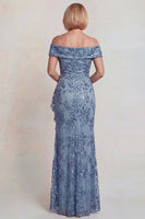 Laden Sie das Bild in den Galerie-Viewer, Graublaues Pailletten Schulterfreies Mutter der Braut Kleid mit Rüschenschlitz