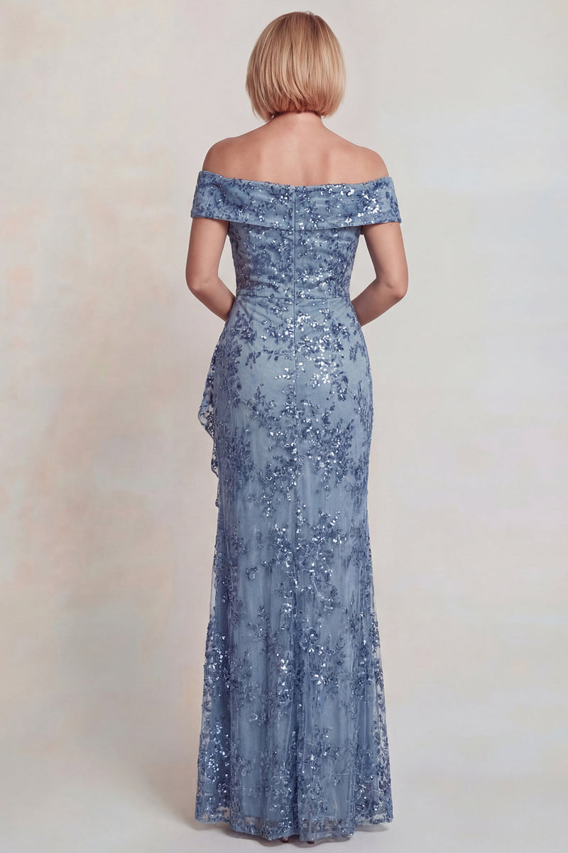 Laden Sie das Bild in den Galerie-Viewer, Graublaues Pailletten Schulterfreies Mutter der Braut Kleid mit Rüschenschlitz