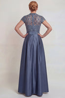 Laden Sie das Bild in den Galerie-Viewer, Graublaues Appliziertes Satin Kleid der Mutter der Braut mit Schlitz