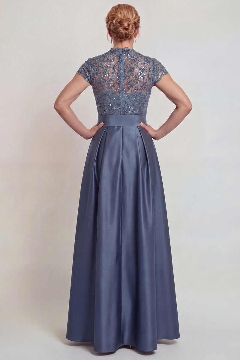 Laden Sie das Bild in den Galerie-Viewer, Graublaues Appliziertes Satin Kleid der Mutter der Braut mit Schlitz
