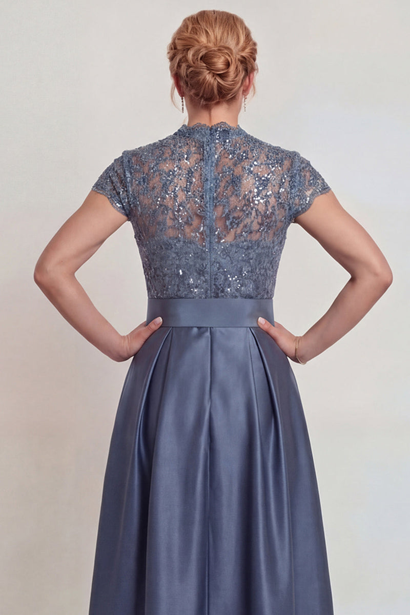 Laden Sie das Bild in den Galerie-Viewer, Graublaues Appliziertes Satin Kleid der Mutter der Braut mit Schlitz