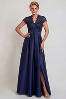 Laden Sie das Bild in den Galerie-Viewer, Graublaues Appliziertes Satin Kleid der Mutter der Braut mit Schlitz