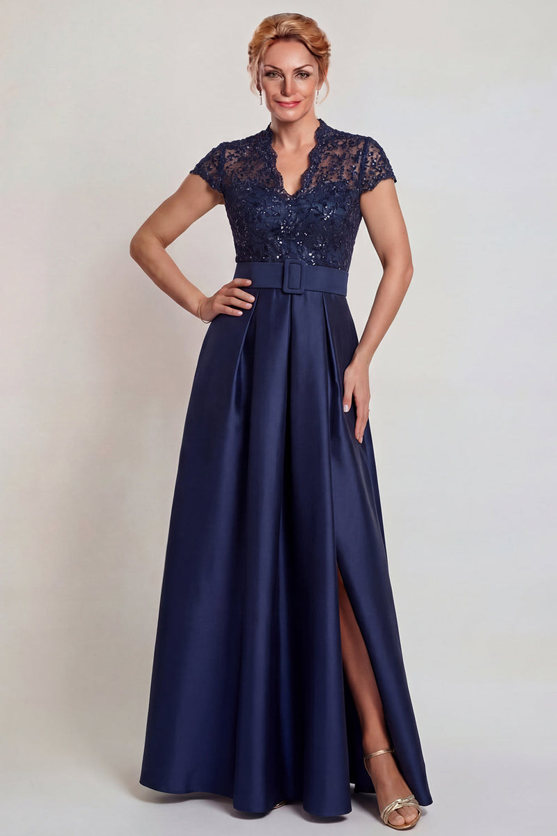 Laden Sie das Bild in den Galerie-Viewer, Graublaues Appliziertes Satin Kleid der Mutter der Braut mit Schlitz