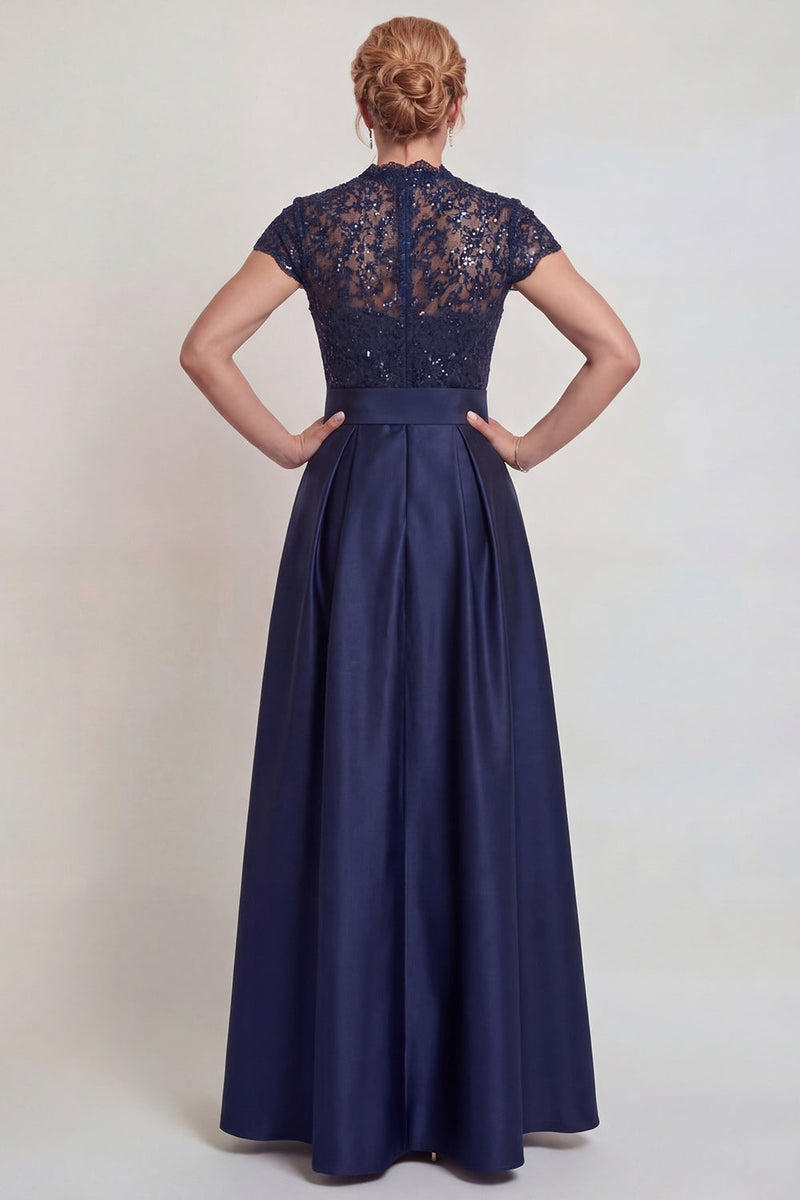 Laden Sie das Bild in den Galerie-Viewer, Graublaues Appliziertes Satin Kleid der Mutter der Braut mit Schlitz