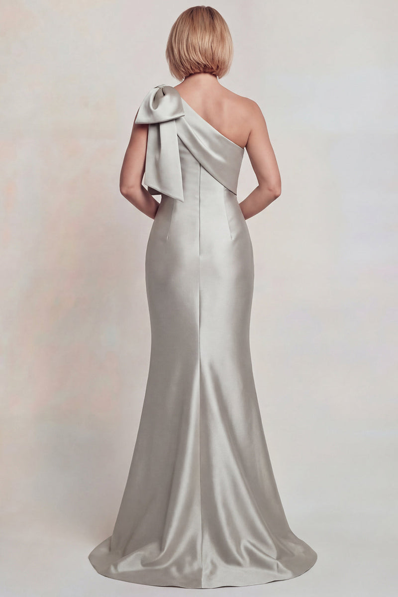 Laden Sie das Bild in den Galerie-Viewer, Graues Satin Einschulter Meerjungfrau Mutter der Braut Kleid mit Bowknoten