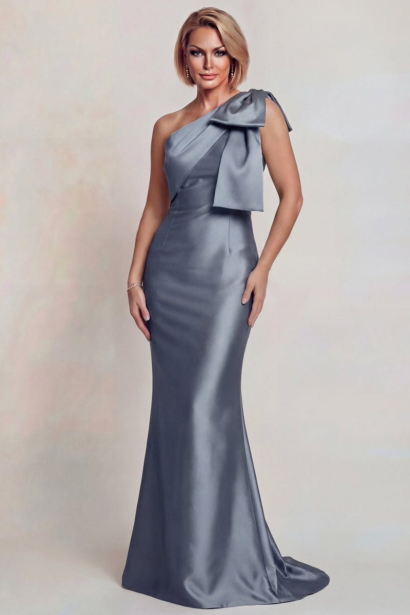 Laden Sie das Bild in den Galerie-Viewer, Graues Satin Einschulter Meerjungfrau Mutter der Braut Kleid mit Bowknoten