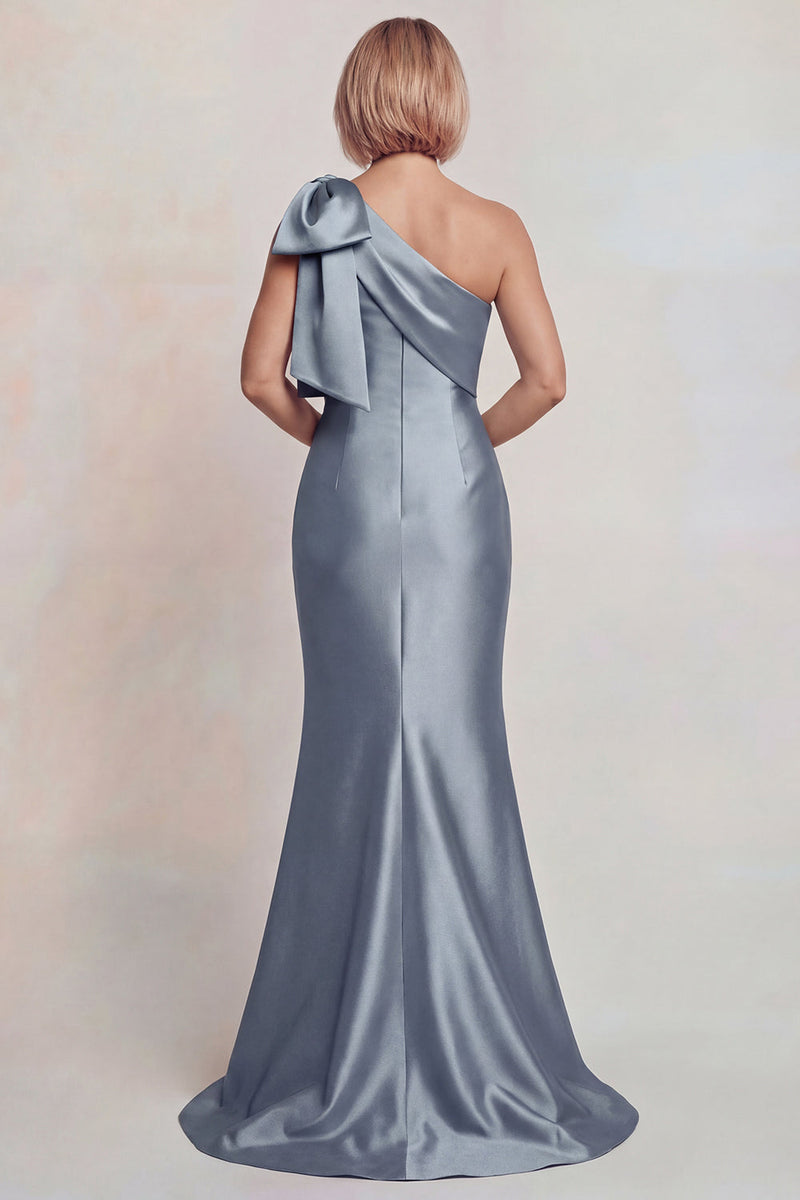 Laden Sie das Bild in den Galerie-Viewer, Graues Satin Einschulter Meerjungfrau Mutter der Braut Kleid mit Bowknoten