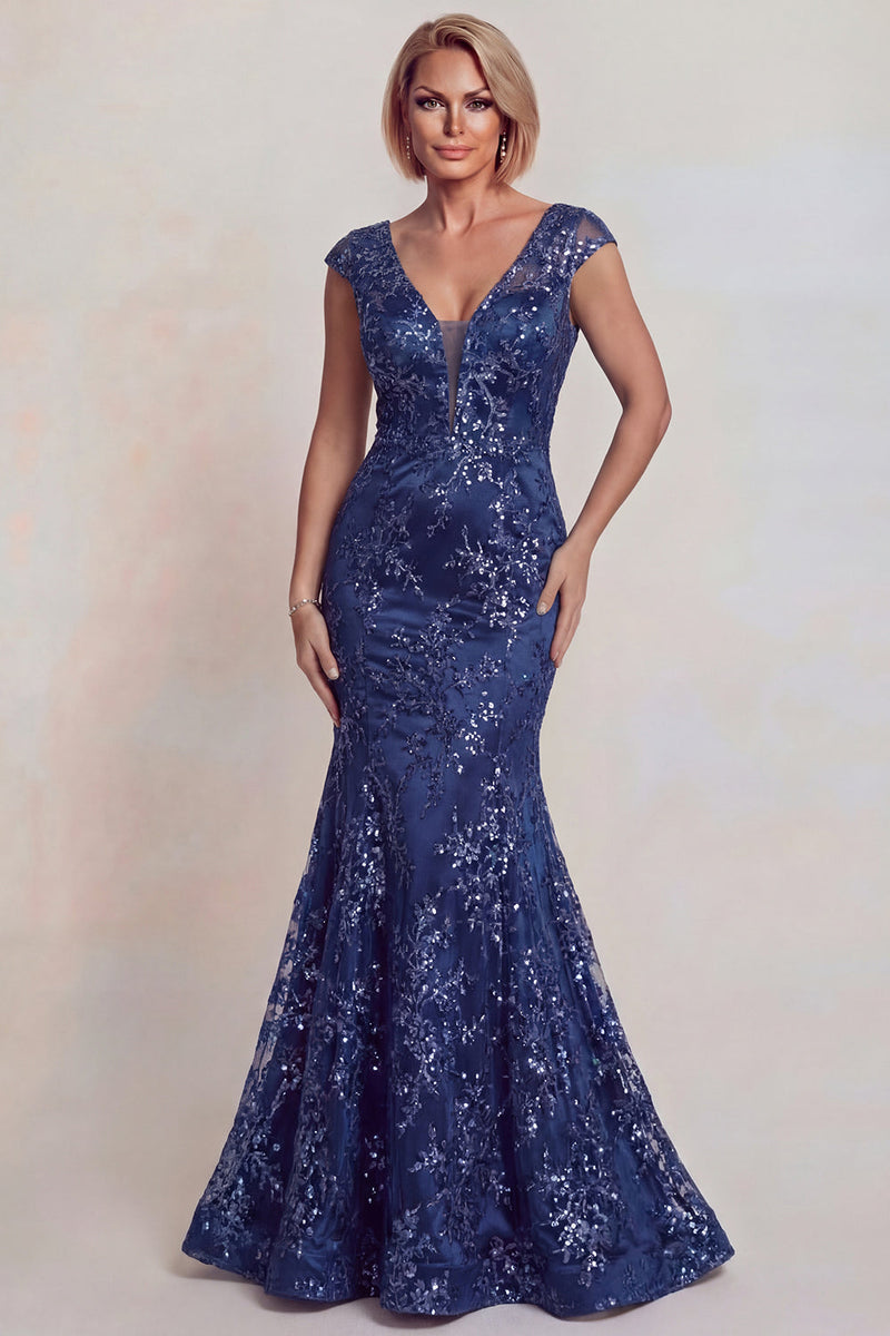 Laden Sie das Bild in den Galerie-Viewer, Glitzerndes Dunkelblaues Applikiertes V-Hals Meerjungfrauen Mutter der Braut Kleid