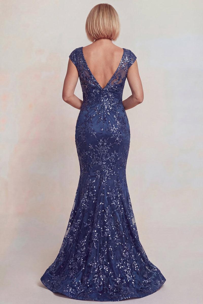 Laden Sie das Bild in den Galerie-Viewer, Glitzerndes Dunkelblaues Applikiertes V-Hals Meerjungfrauen Mutter der Braut Kleid