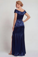Laden Sie das Bild in den Galerie-Viewer, Marineblaues Satin Schulterfreies Mutter der Braut Kleid mit Schlitz