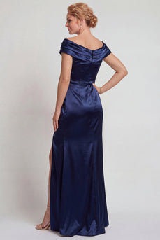 Marineblaues Satin Schulterfreies Mutter der Braut Kleid mit Schlitz