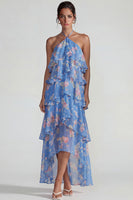 Laden Sie das Bild in den Galerie-Viewer, Blau Rosa Bedrucktes Blumen Halter Stufen Chiffon A-Linie Midi Kleid mit Rüschen