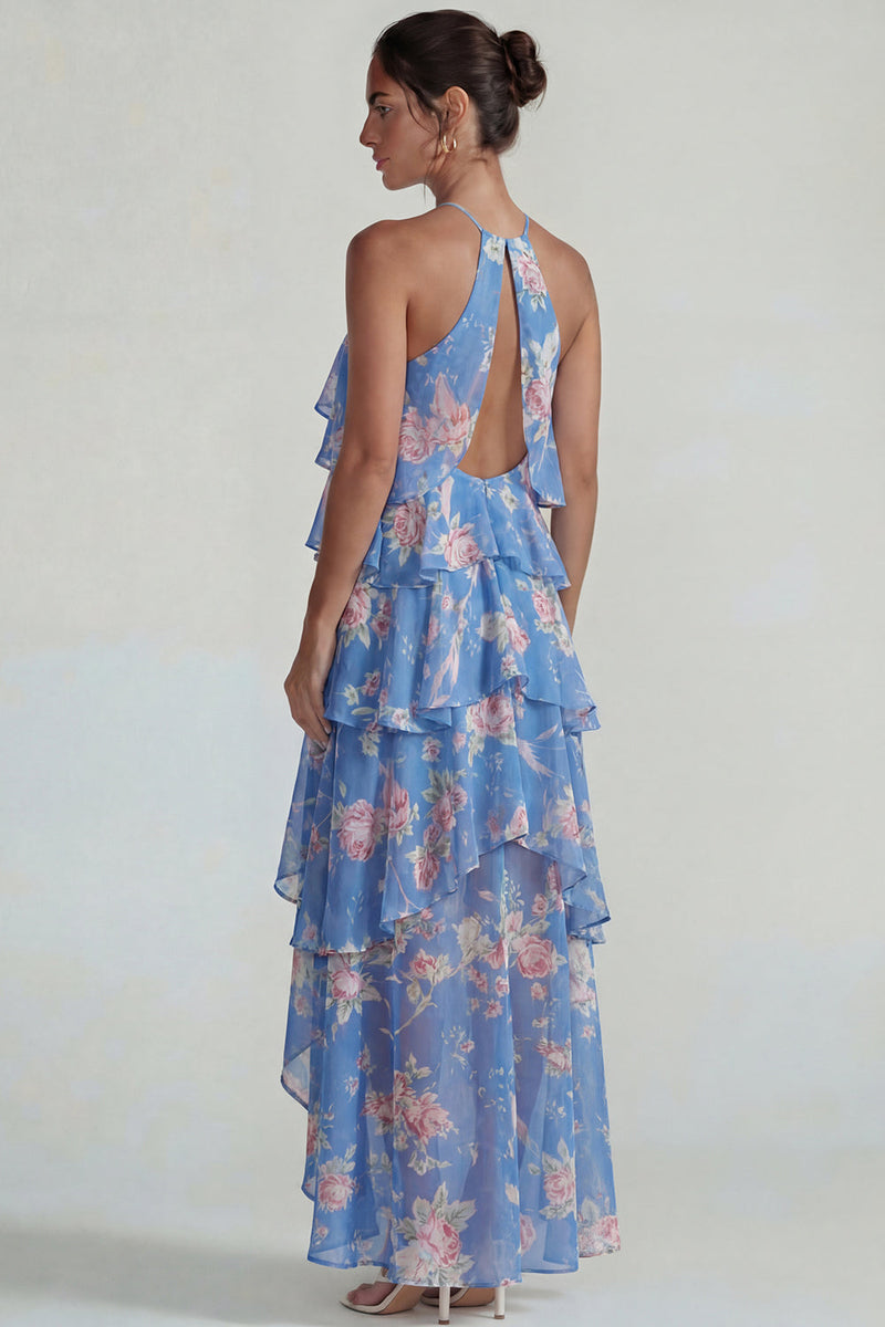 Laden Sie das Bild in den Galerie-Viewer, Blau Rosa Bedrucktes Blumen Halter Stufen Chiffon A-Linie Midi Kleid mit Rüschen