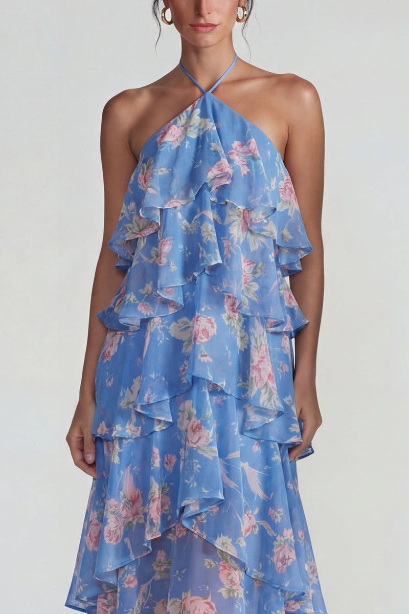 Laden Sie das Bild in den Galerie-Viewer, Blau Rosa Bedrucktes Blumen Halter Stufen Chiffon A-Linie Midi Kleid mit Rüschen