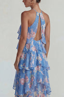 Laden Sie das Bild in den Galerie-Viewer, Blau Rosa Bedrucktes Blumen Halter Stufen Chiffon A-Linie Midi Kleid mit Rüschen