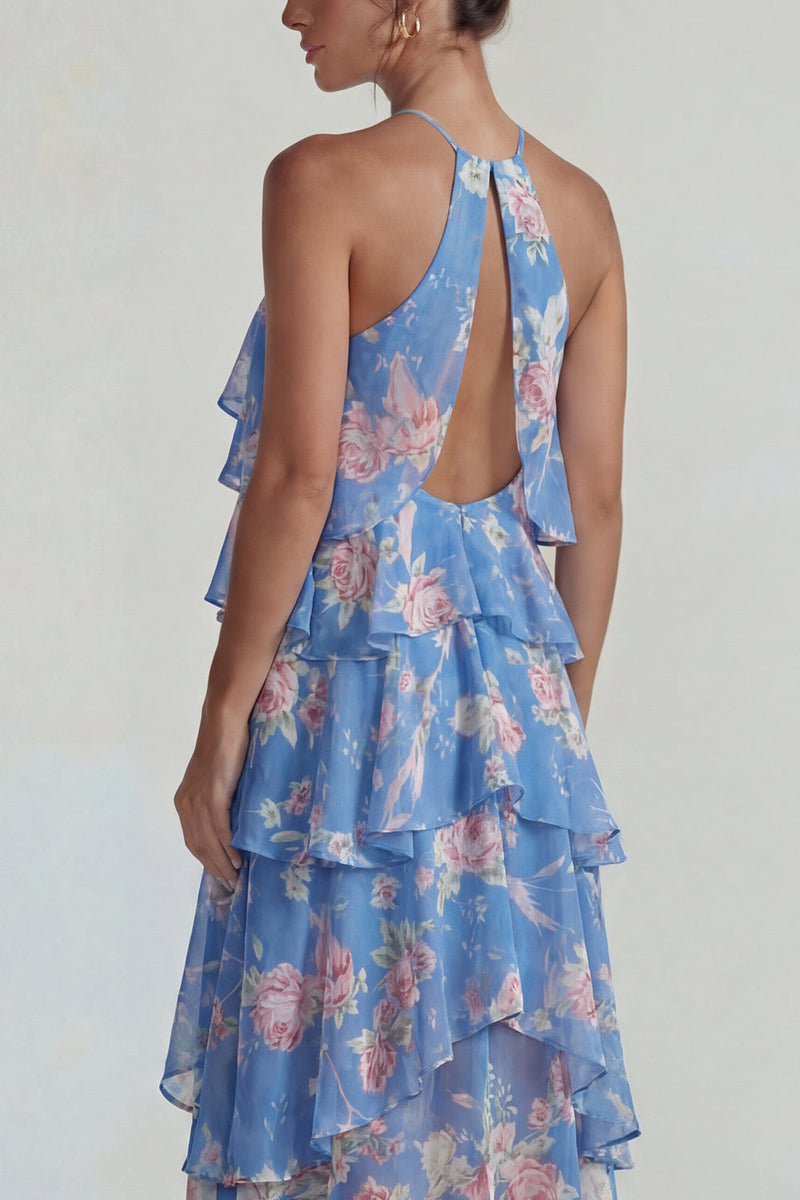 Laden Sie das Bild in den Galerie-Viewer, Blau Rosa Bedrucktes Blumen Halter Stufen Chiffon A-Linie Midi Kleid mit Rüschen