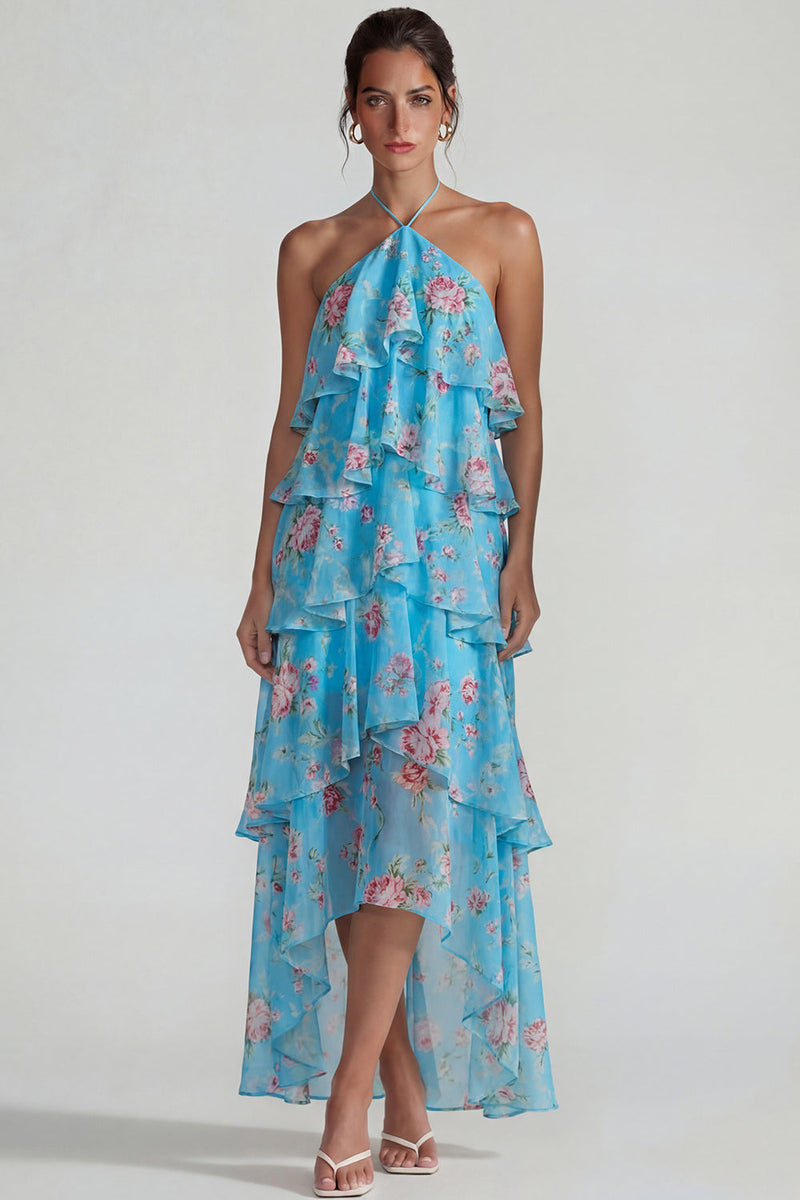 Laden Sie das Bild in den Galerie-Viewer, Blau Rosa Bedrucktes Blumen Halter Stufen Chiffon A-Linie Midi Kleid mit Rüschen