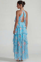 Laden Sie das Bild in den Galerie-Viewer, Blau Rosa Bedrucktes Blumen Halter Stufen Chiffon A-Linie Midi Kleid mit Rüschen
