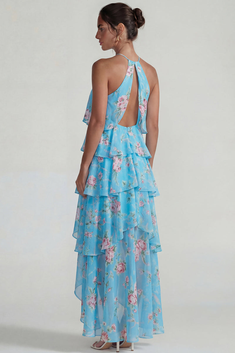 Laden Sie das Bild in den Galerie-Viewer, Blau Rosa Bedrucktes Blumen Halter Stufen Chiffon A-Linie Midi Kleid mit Rüschen