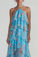 Laden Sie das Bild in den Galerie-Viewer, Blau Rosa Bedrucktes Blumen Halter Stufen Chiffon A-Linie Midi Kleid mit Rüschen