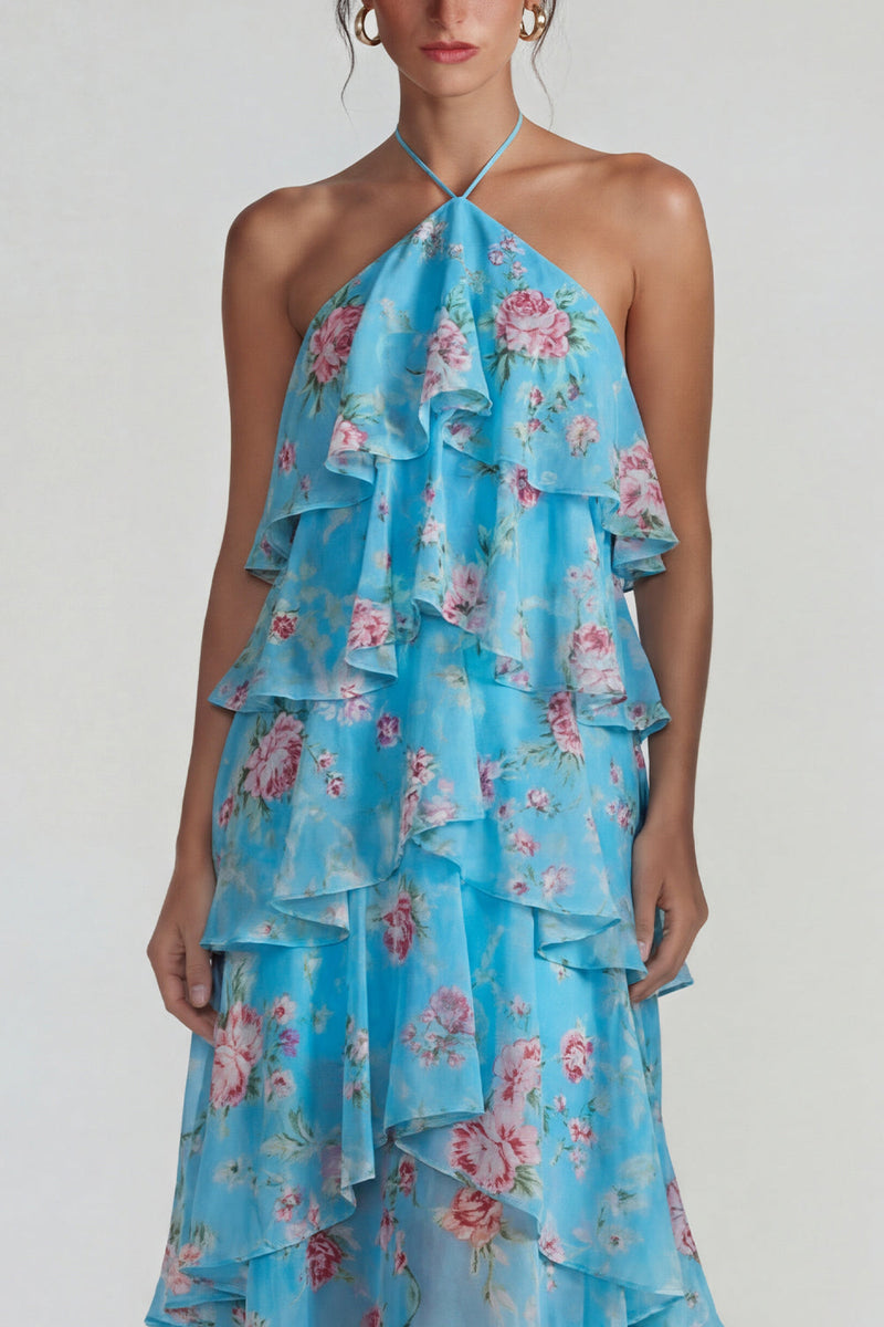 Laden Sie das Bild in den Galerie-Viewer, Blau Rosa Bedrucktes Blumen Halter Stufen Chiffon A-Linie Midi Kleid mit Rüschen
