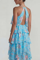 Laden Sie das Bild in den Galerie-Viewer, Blau Rosa Bedrucktes Blumen Halter Stufen Chiffon A-Linie Midi Kleid mit Rüschen