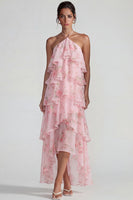 Laden Sie das Bild in den Galerie-Viewer, Blau Rosa Bedrucktes Blumen Halter Stufen Chiffon A-Linie Midi Kleid mit Rüschen