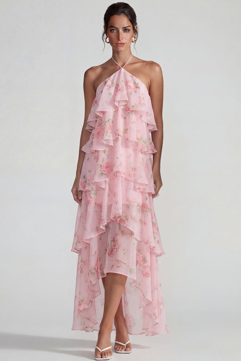 Laden Sie das Bild in den Galerie-Viewer, Blau Rosa Bedrucktes Blumen Halter Stufen Chiffon A-Linie Midi Kleid mit Rüschen