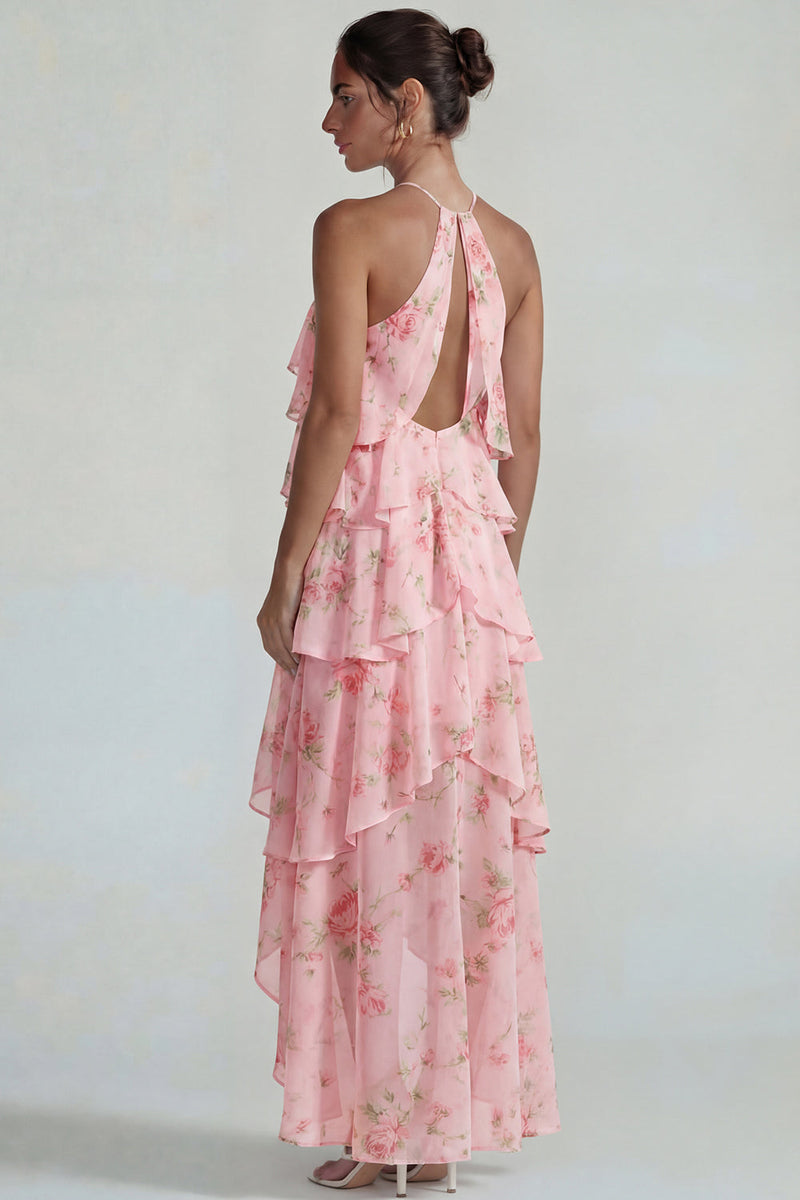 Laden Sie das Bild in den Galerie-Viewer, Blau Rosa Bedrucktes Blumen Halter Stufen Chiffon A-Linie Midi Kleid mit Rüschen