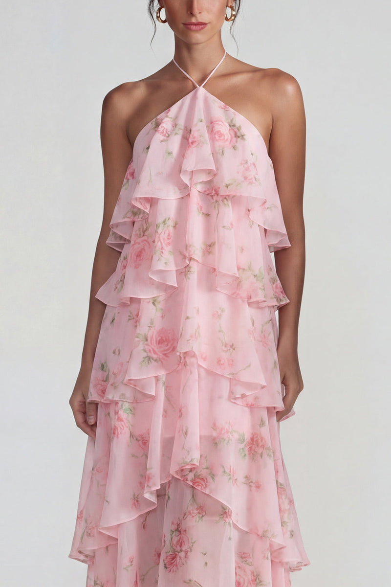 Laden Sie das Bild in den Galerie-Viewer, Blau Rosa Bedrucktes Blumen Halter Stufen Chiffon A-Linie Midi Kleid mit Rüschen