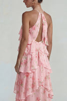 Laden Sie das Bild in den Galerie-Viewer, Blau Rosa Bedrucktes Blumen Halter Stufen Chiffon A-Linie Midi Kleid mit Rüschen