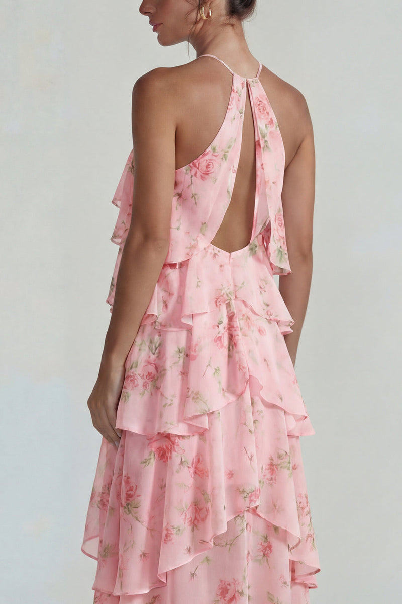 Laden Sie das Bild in den Galerie-Viewer, Blau Rosa Bedrucktes Blumen Halter Stufen Chiffon A-Linie Midi Kleid mit Rüschen