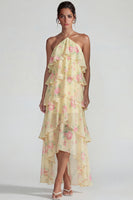 Laden Sie das Bild in den Galerie-Viewer, Blau Rosa Bedrucktes Blumen Halter Stufen Chiffon A-Linie Midi Kleid mit Rüschen