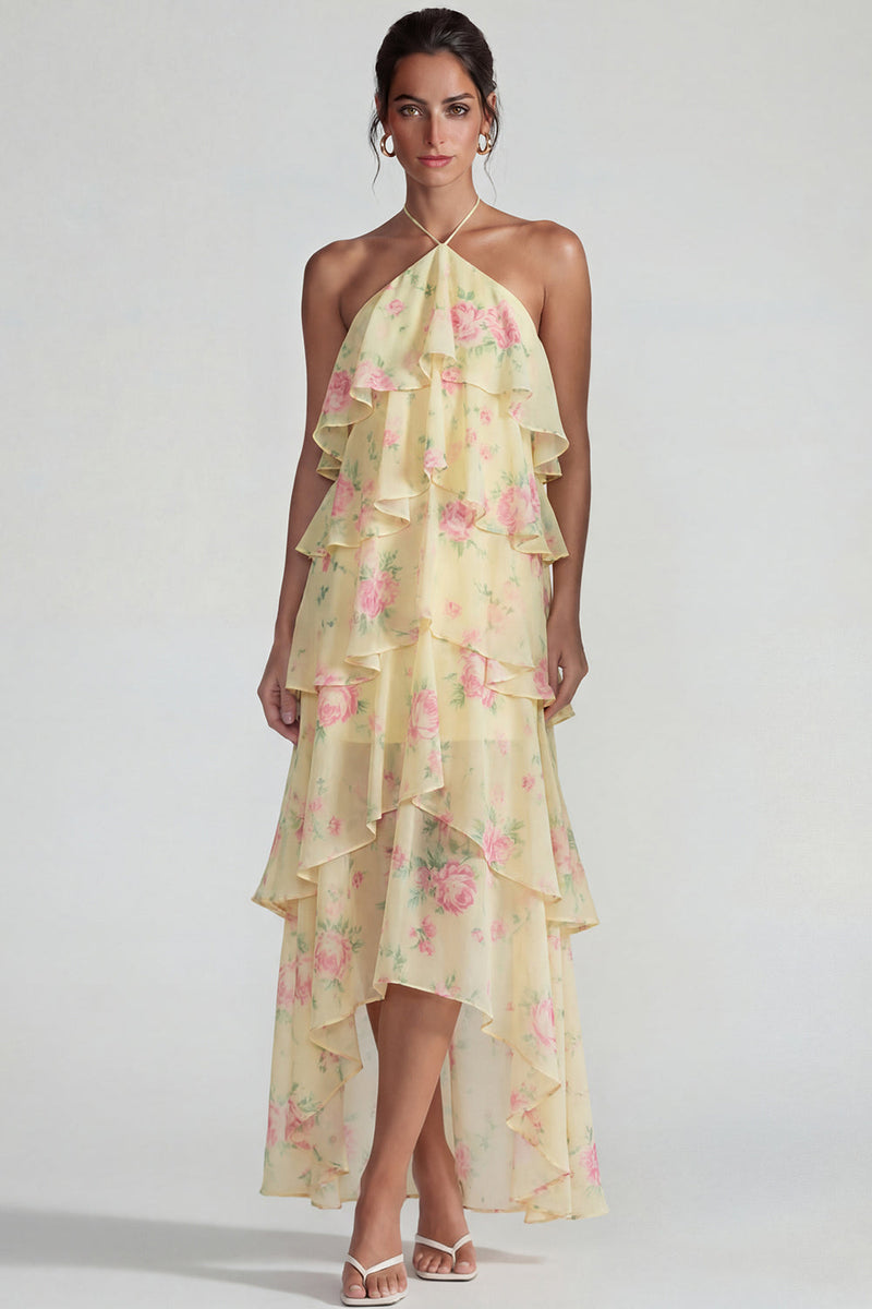 Laden Sie das Bild in den Galerie-Viewer, Blau Rosa Bedrucktes Blumen Halter Stufen Chiffon A-Linie Midi Kleid mit Rüschen