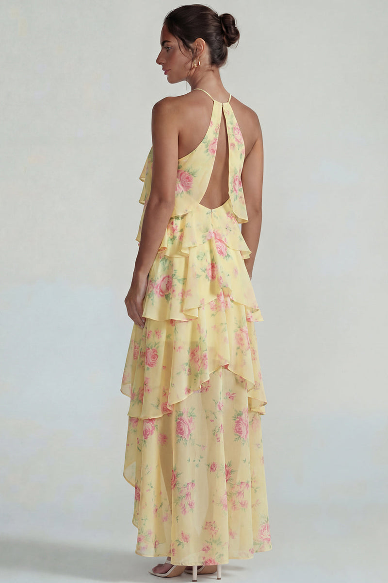 Laden Sie das Bild in den Galerie-Viewer, Blau Rosa Bedrucktes Blumen Halter Stufen Chiffon A-Linie Midi Kleid mit Rüschen