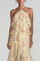 Laden Sie das Bild in den Galerie-Viewer, Blau Rosa Bedrucktes Blumen Halter Stufen Chiffon A-Linie Midi Kleid mit Rüschen