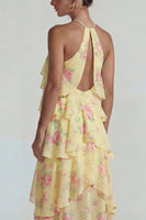 Laden Sie das Bild in den Galerie-Viewer, Blau Rosa Bedrucktes Blumen Halter Stufen Chiffon A-Linie Midi Kleid mit Rüschen