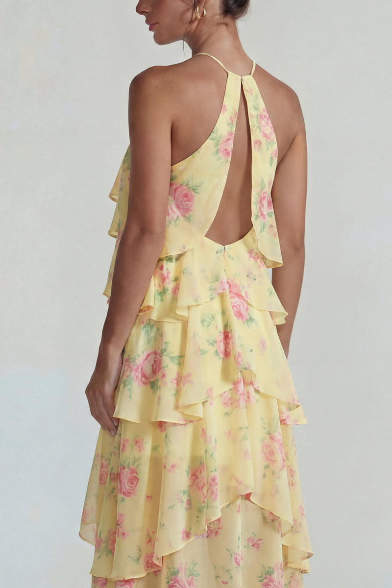 Laden Sie das Bild in den Galerie-Viewer, Blau Rosa Bedrucktes Blumen Halter Stufen Chiffon A-Linie Midi Kleid mit Rüschen